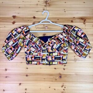 NEW Gilner Farrar Crop Top Womens 2 Multicolor Mosaic Faith Zip Back Crop Blouse